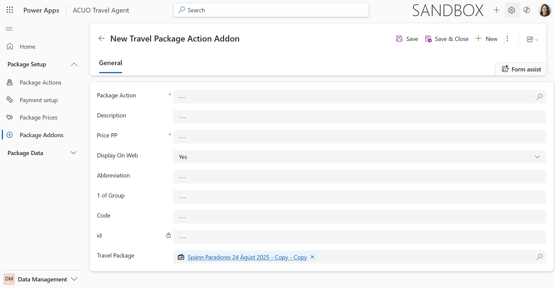Travel Package Addons Main Form
