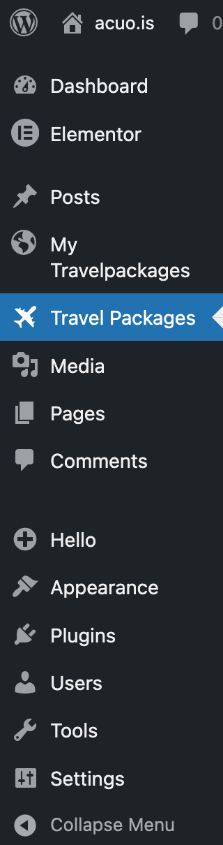 The Packages Table navigation in WordPress admin menu