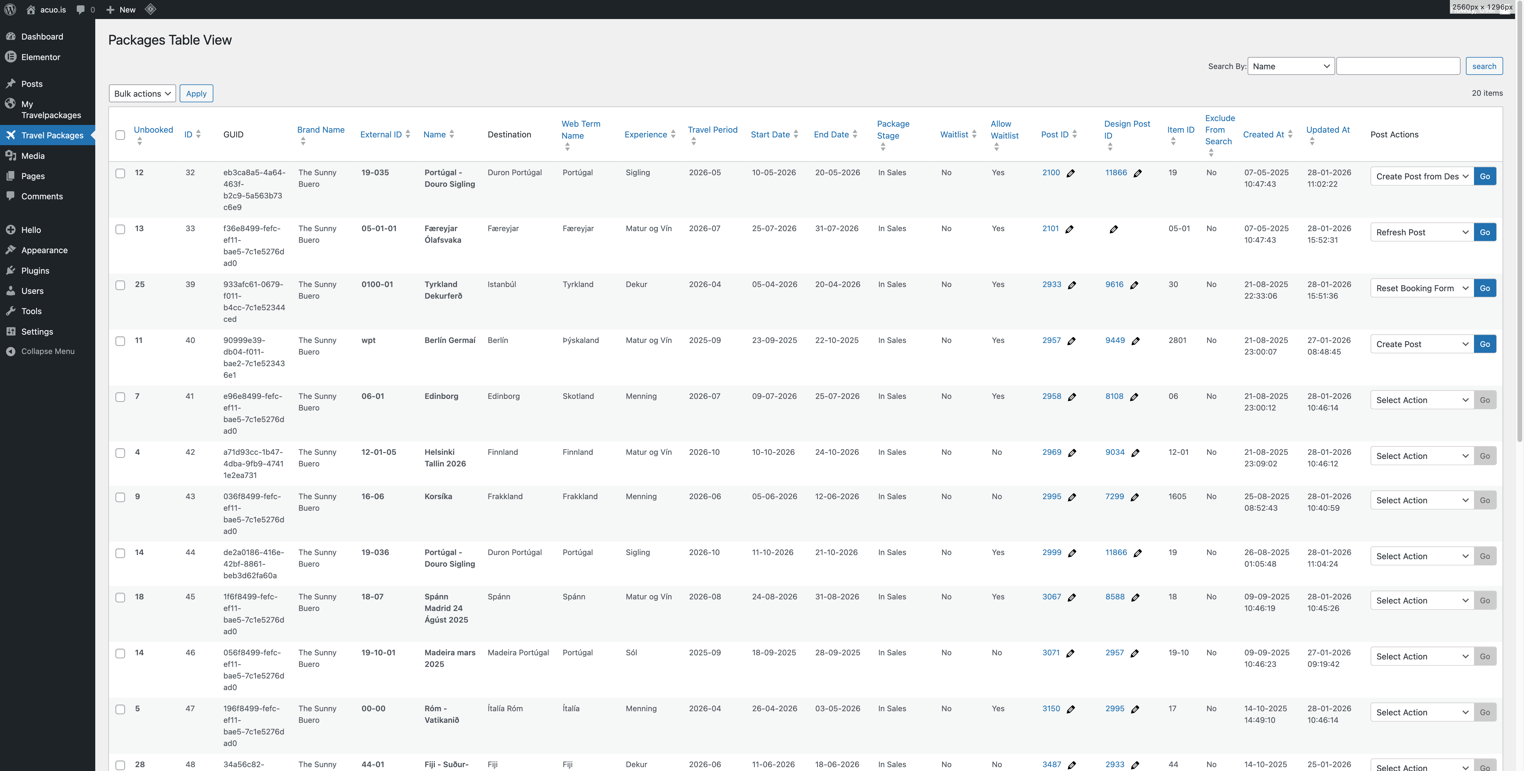 The Packages Table in Travel Agent WordPress plugin