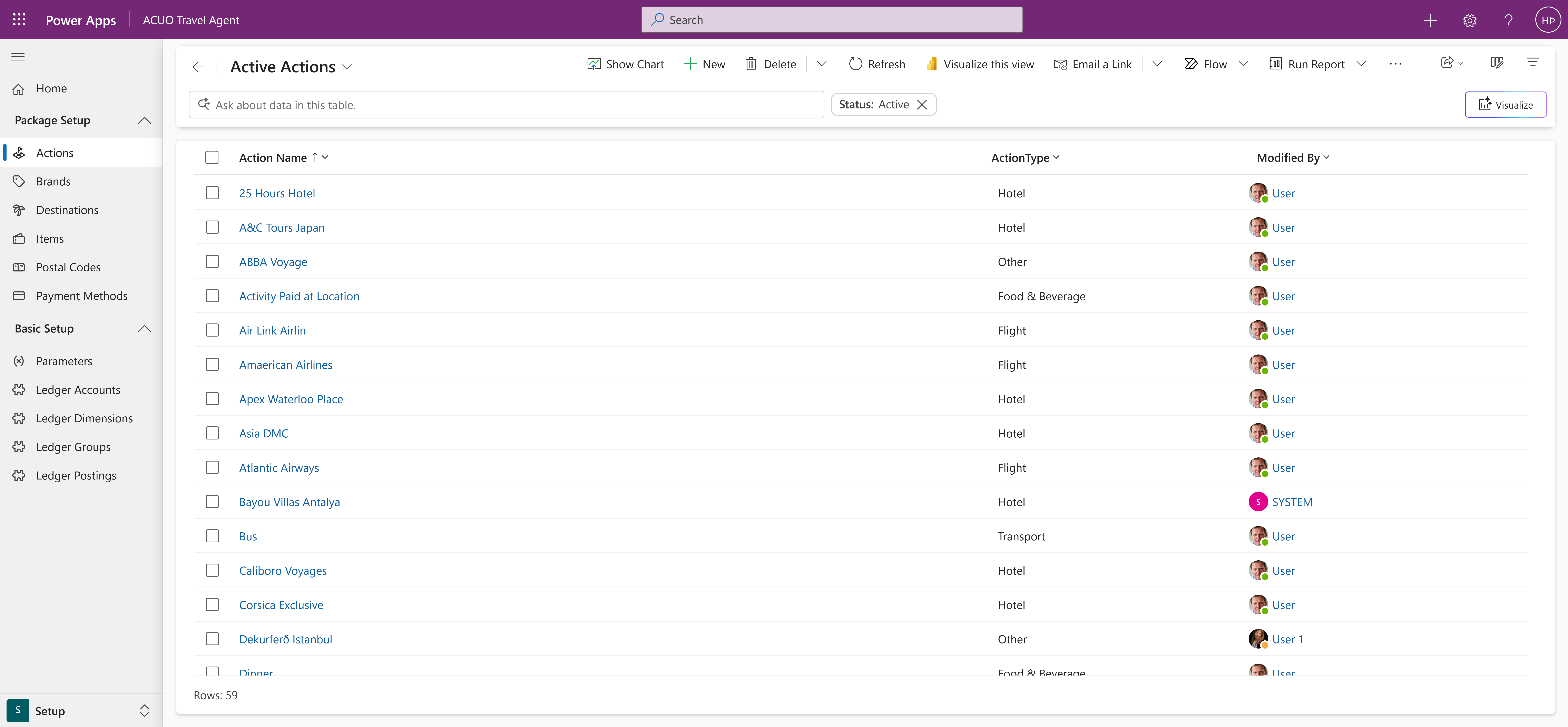 The Actions page in Travel Agent