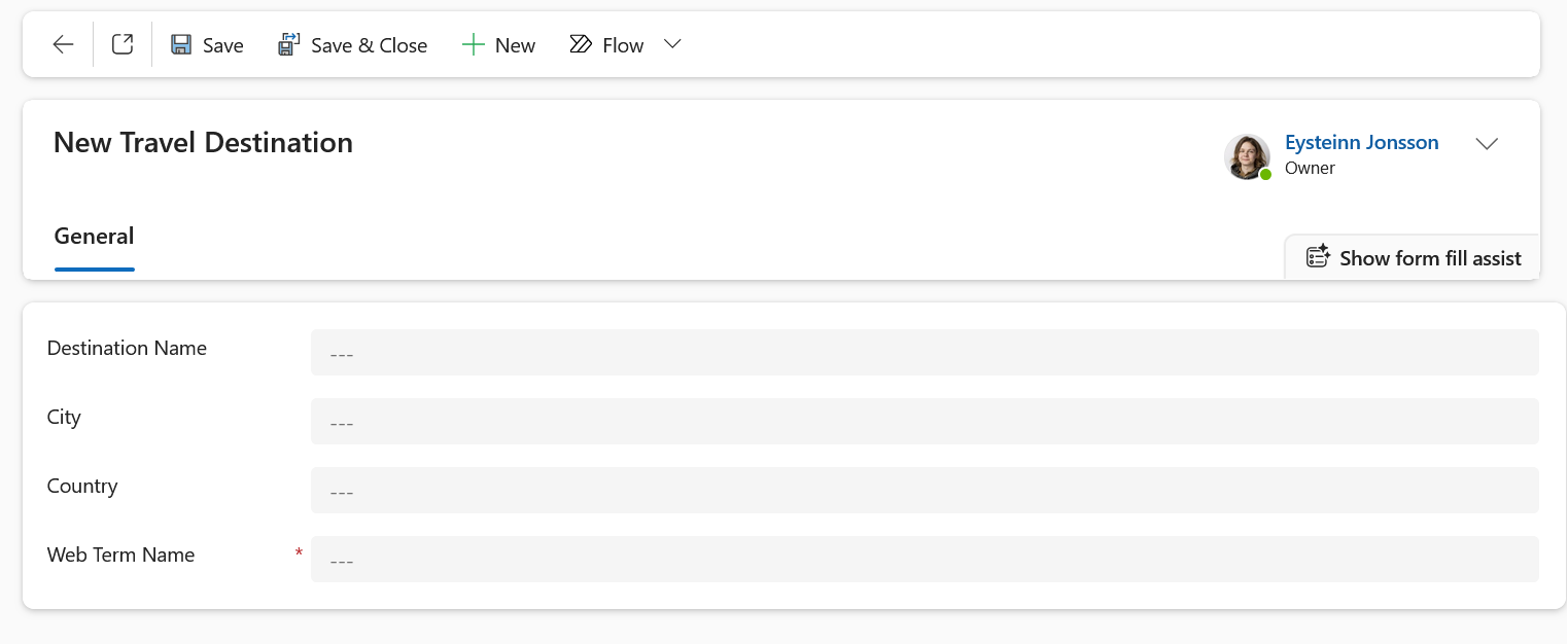 The New Destination creation window