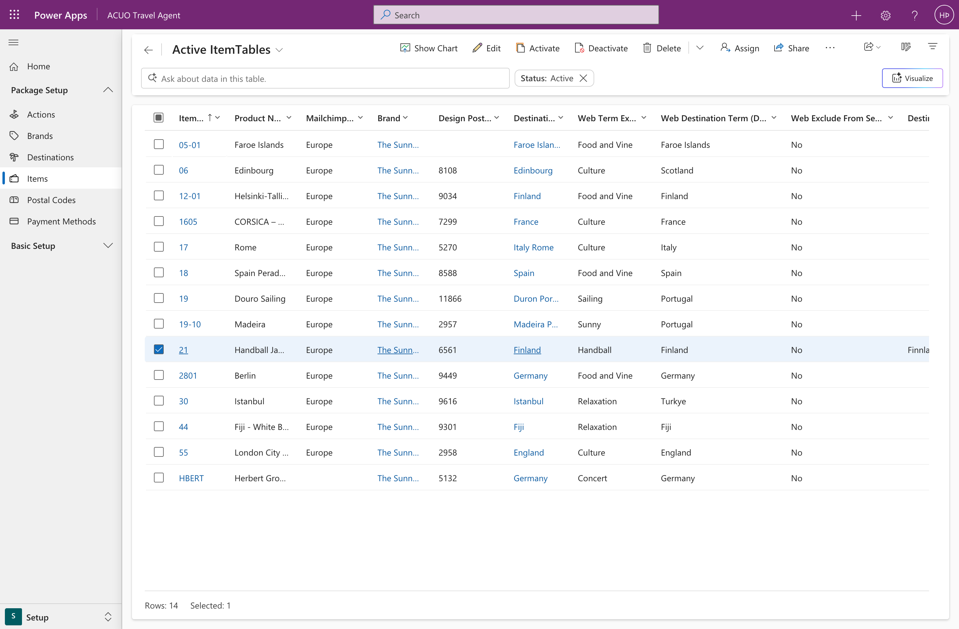 The Items page in Travel Agent