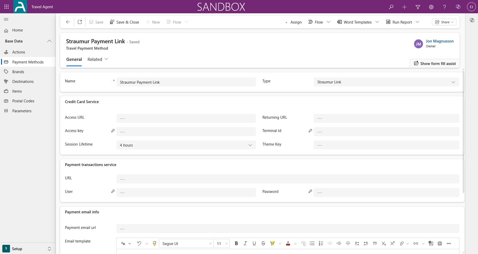 The New Payment Method creation window
