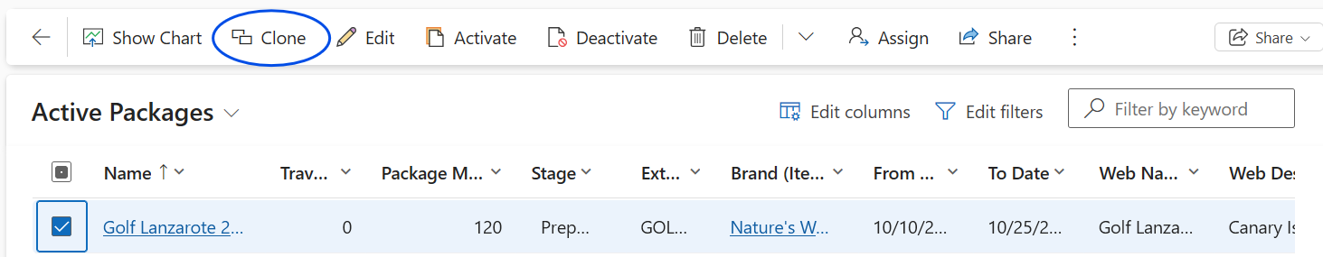 The Clone button in the command bar